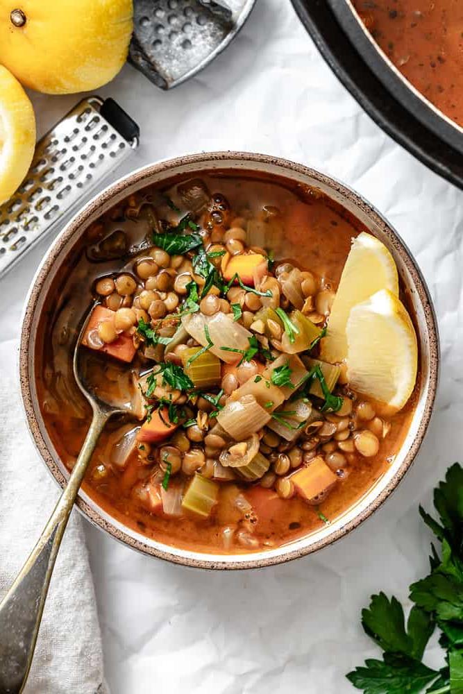  completed Lemon Lentil Soup in bowl