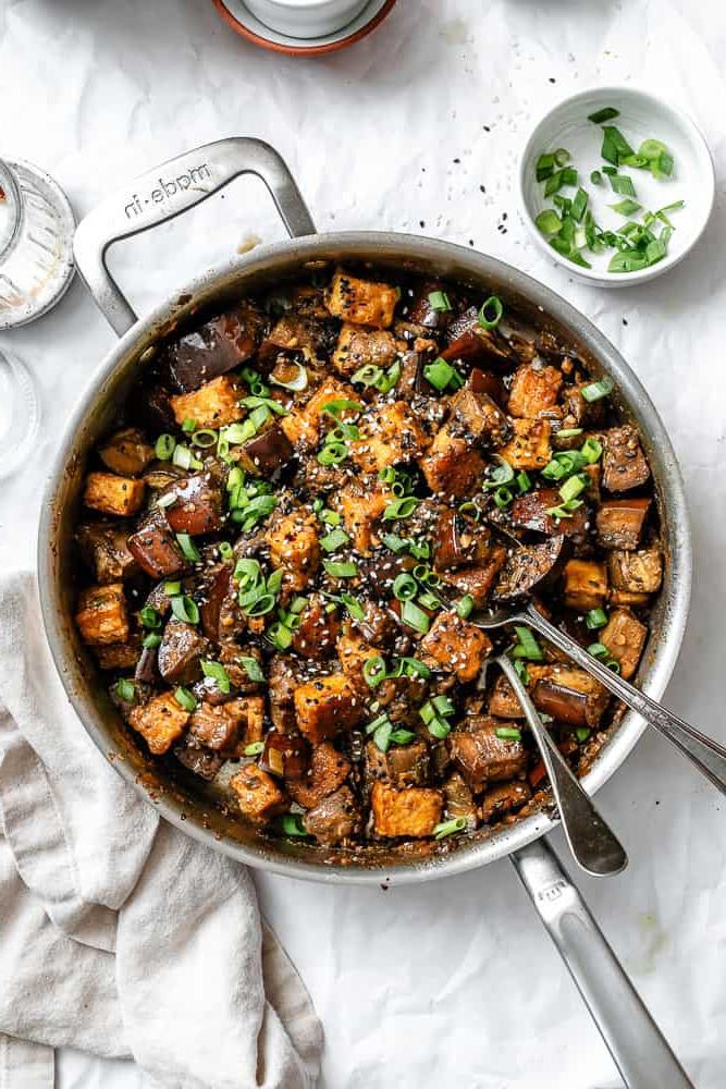 completed Sticky Eggplant and Tofu [Bake + Stir-Fry] on a plate