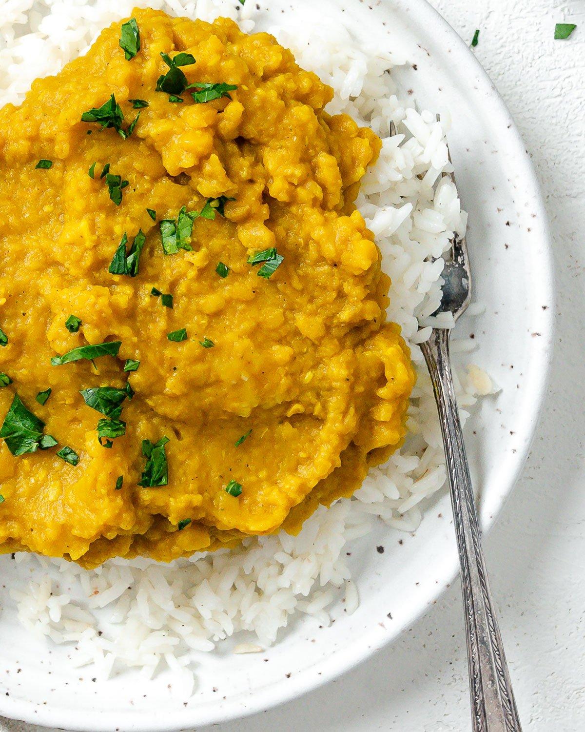 Einfaches gelbes Dal-Rezept 2 Fertiges einfaches gelbes Dal auf Reis in einem weißen Teller vor hellem Hintergrund