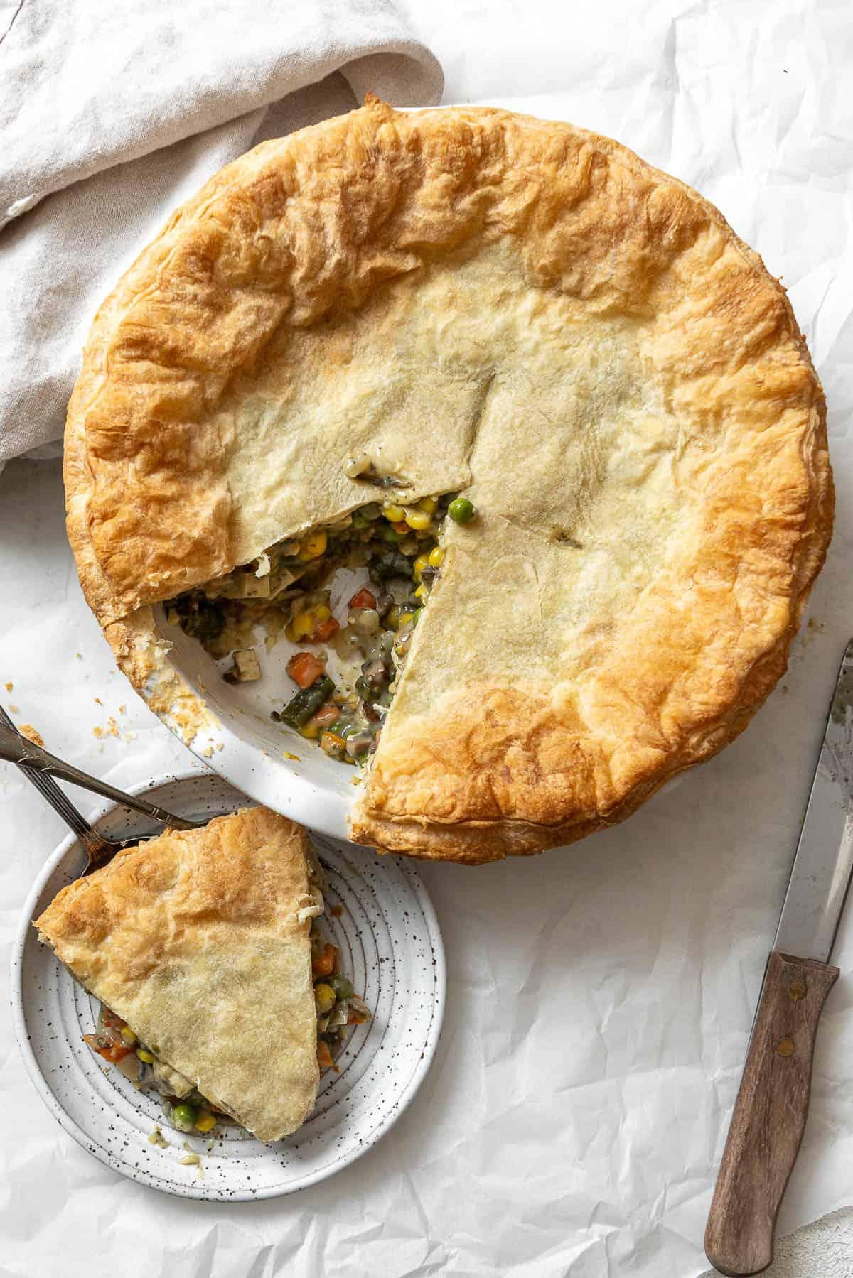 completed Mixed Vegetable Vegan Pot Pie against white surface