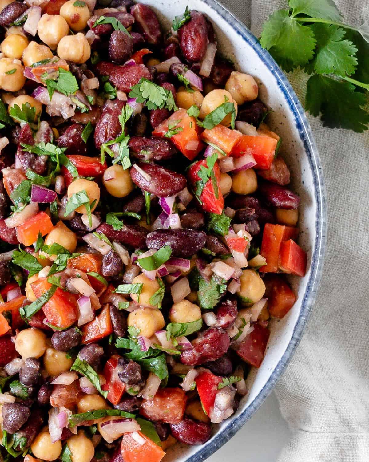 Gemischter Bohnensalat 2 completed mixed bean salad in serving bowl with ingredients against a white background