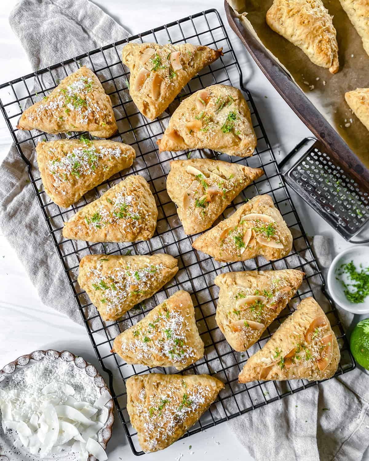completed vanilla scones on a wire cooling rack