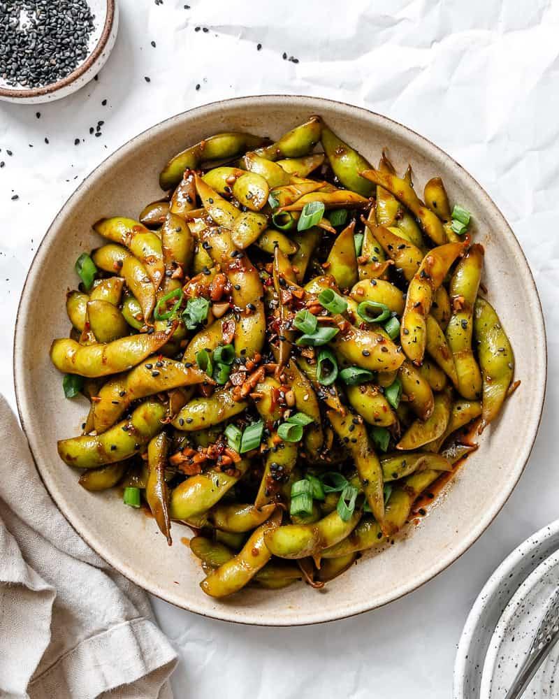 completed Quick Spicy Edamame [Chili and Garlic] on a plate