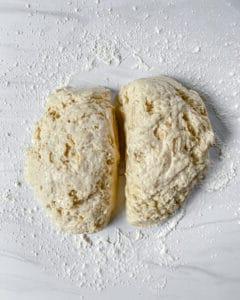process of vanilla scone dough being halved