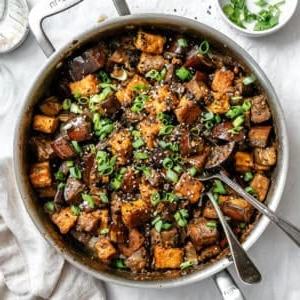 completed Sticky Eggplant and Tofu [Bake + Stir-Fry] on a plate