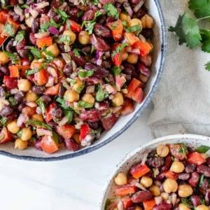 Gemischter Bohnensalat 12 completed mixed bean salad in serving bowl and individual bowl against a white background