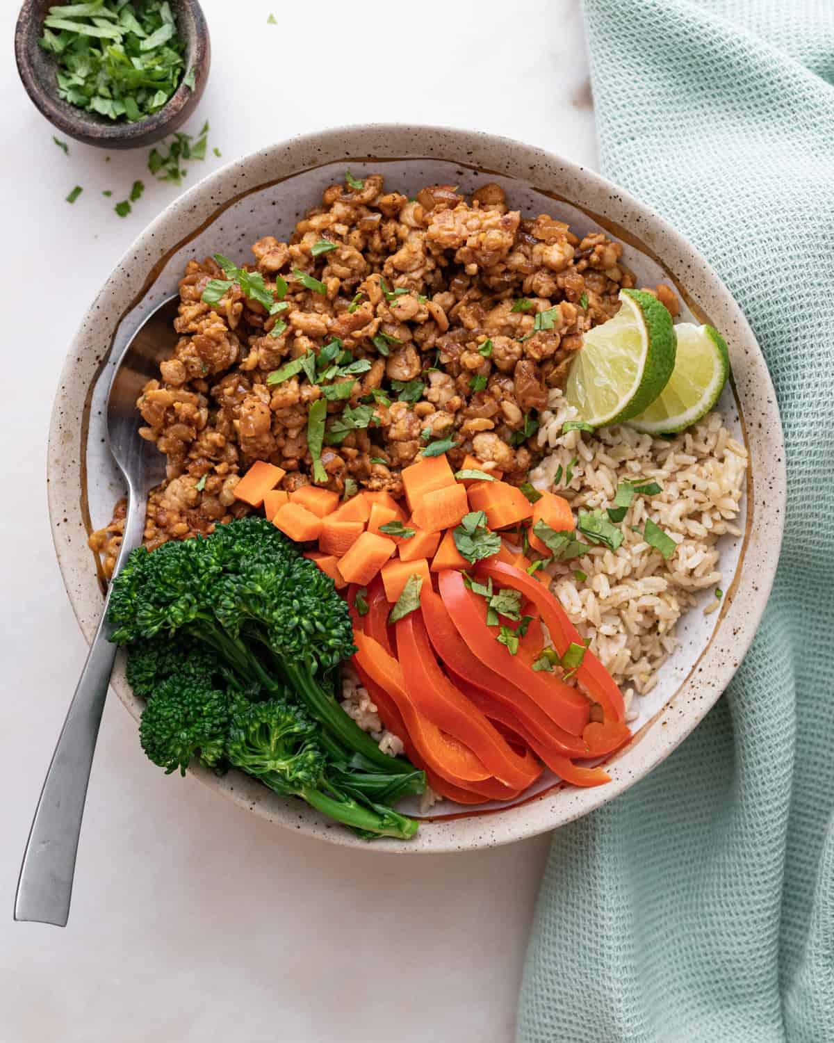 Pfannengebratenes Tempeh mit Ingwer-Sojasauce 12 Fertig gebratenes Tempeh mit Ingwer-Soja-Sauce auf einem Teller vor hellem Hintergrund
