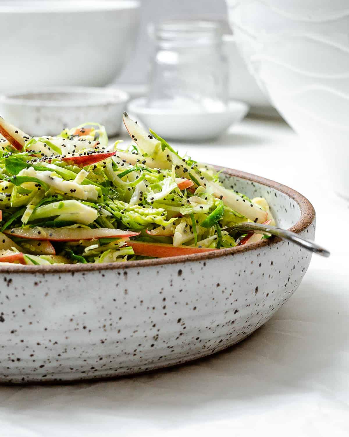 Gehobelter Rosenkohlsalat mit Äpfeln 12 Fertiger Rosenkohl-Krautsalat mit Äpfeln in einer Schüssel