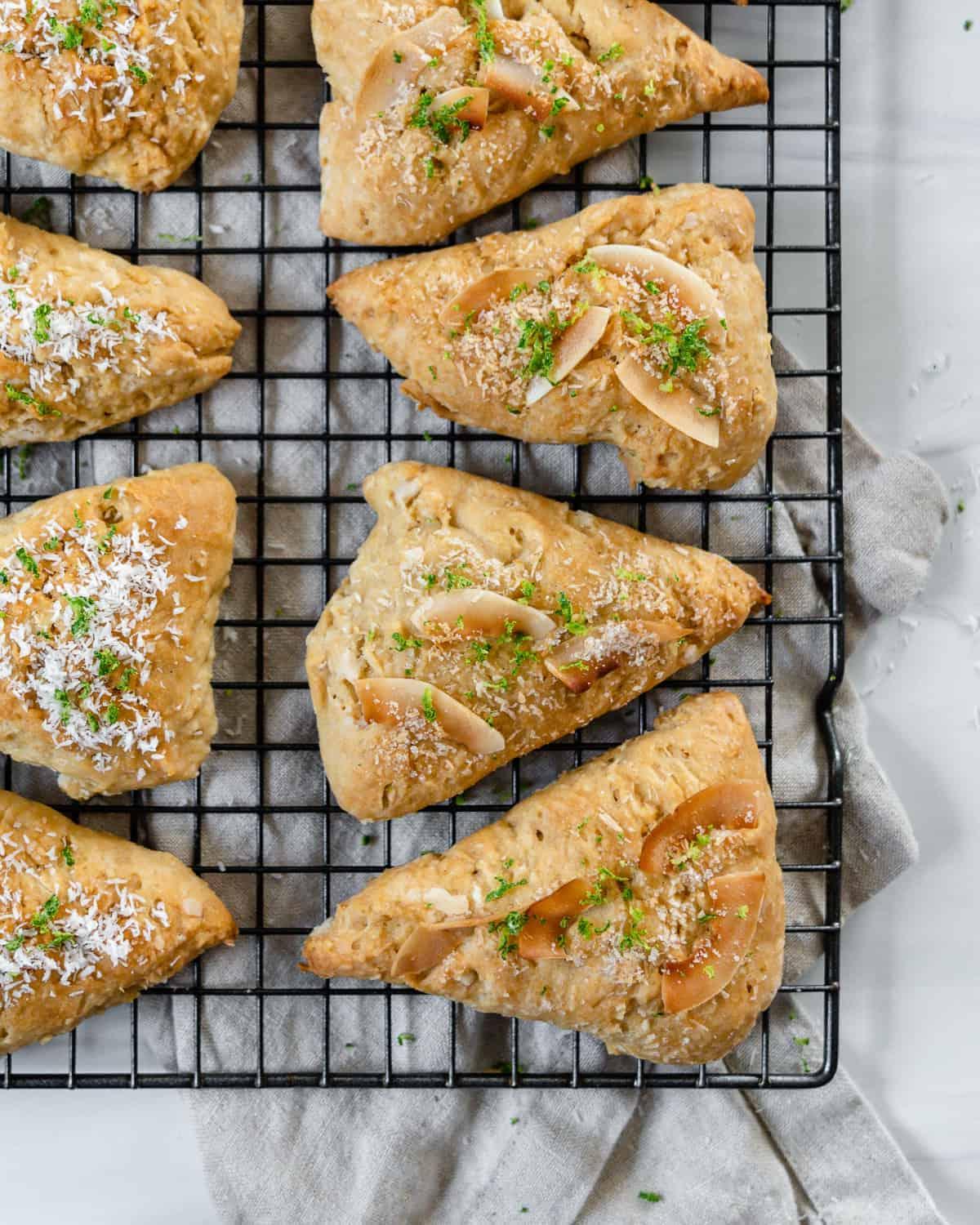 completed vanilla scones on a wire cooling rack