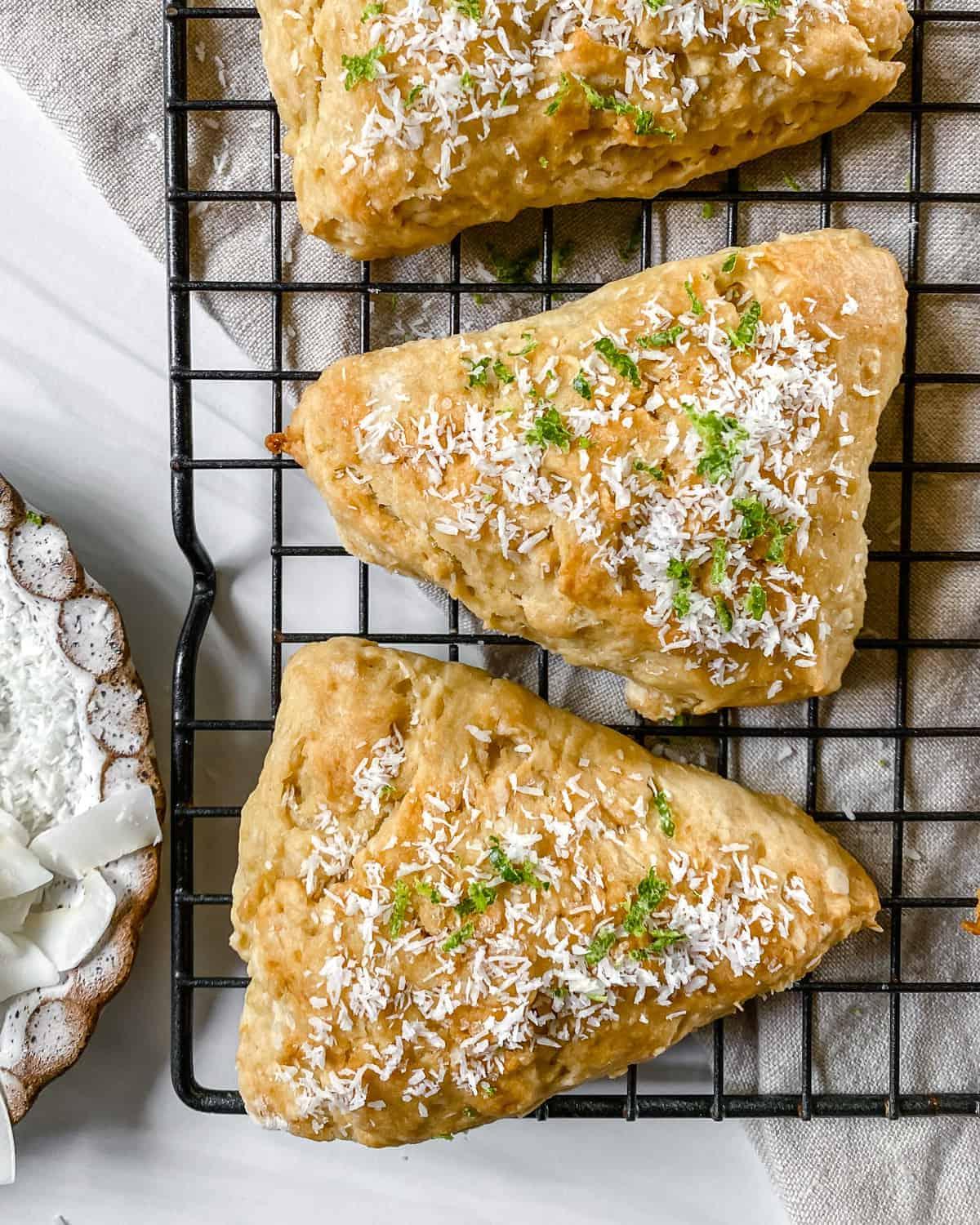 completed vanilla scones on a wire cooling rack
