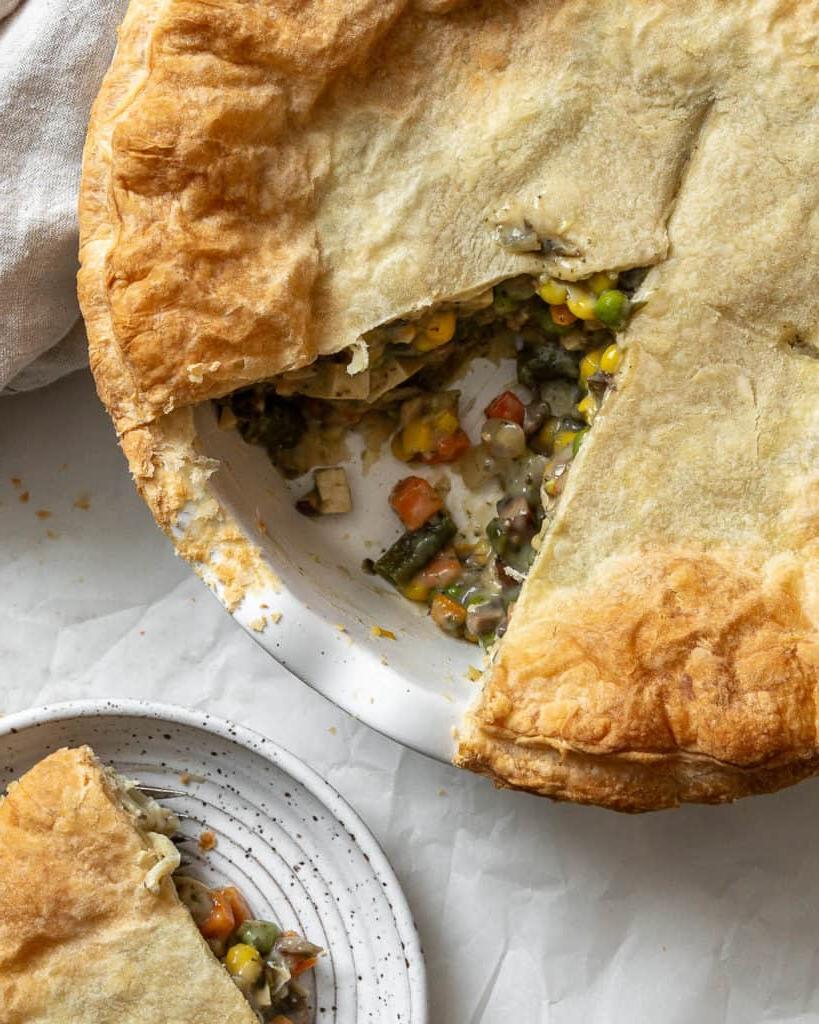 completed Mixed Vegetable Vegan Pot Pie against white surface