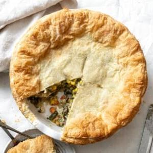 completed Mixed Vegetable Vegan Pot Pie against white surface