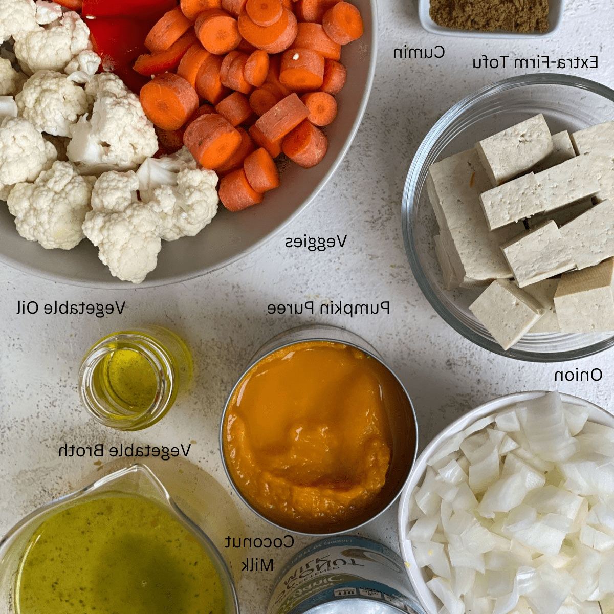 Kürbiscurry 3 Abgemessene Zutaten für Kürbis-Curry auf weißer Oberfläche