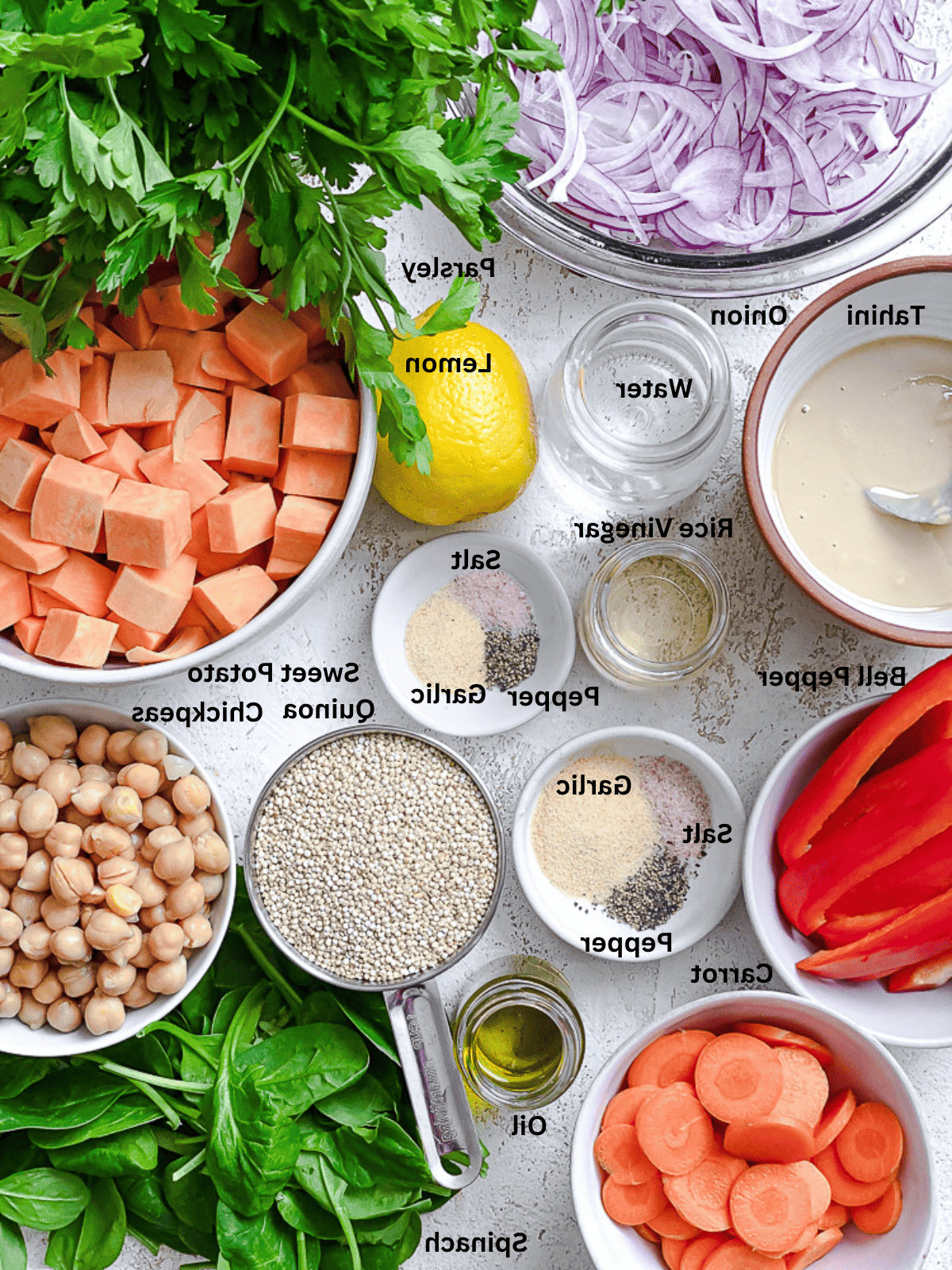 Zutaten für die Süßkartoffel-Quinoa-Bowl auf einer weißen Oberfläche