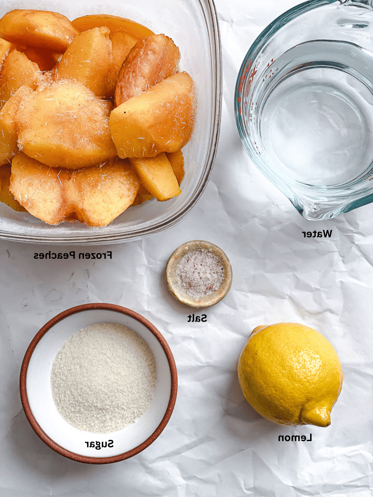 **Pfirsich Sorbet** 3 Zutaten für Pfirsich Sorbet in einzelnen Behältern mit Beschriftung.