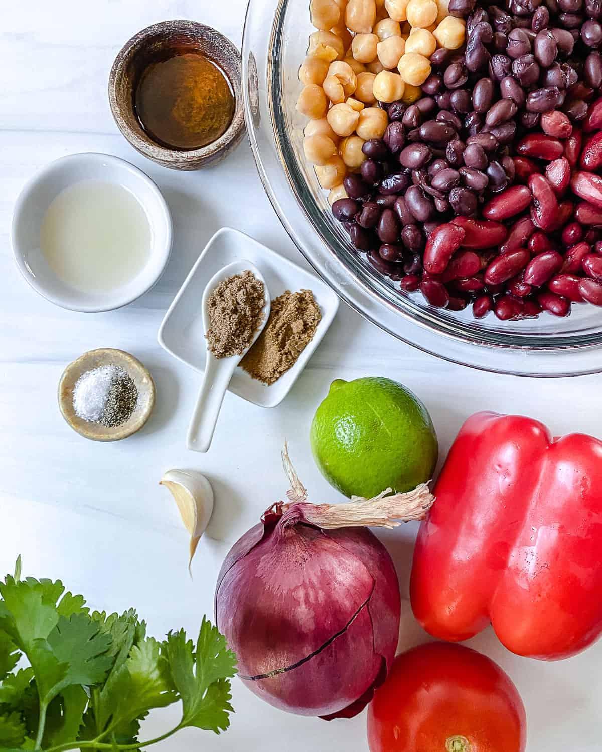 Gemischter Bohnensalat 3 ingredients for mixed bean salad against a white background