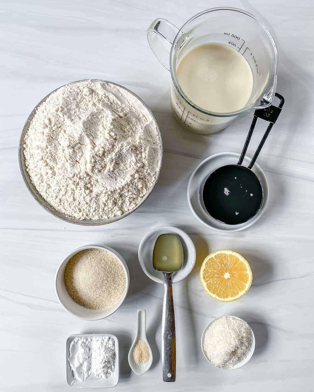 Vanilla Scones Ingredients measured out against a white surface