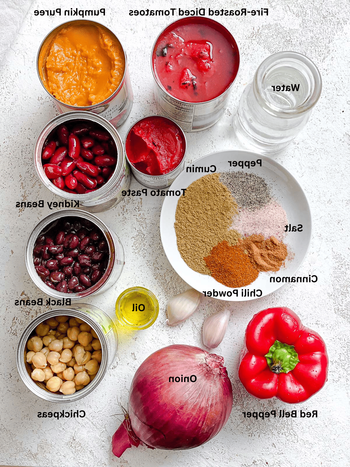 Zutaten für fertiges Veganes Kürbis-Chili [Herd + Slow Cooker] auf einer weißen Oberfläche