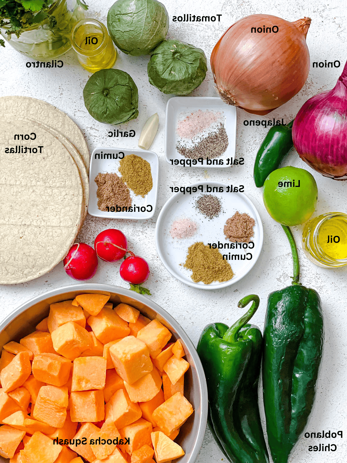 Zutaten für Butternut-Kürbis Enchiladas Verdes, abgemessen auf einer weißen Oberfläche.