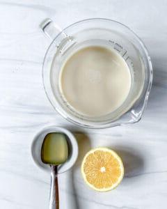 Vanilla Scones Ingredients measured out against a white surface