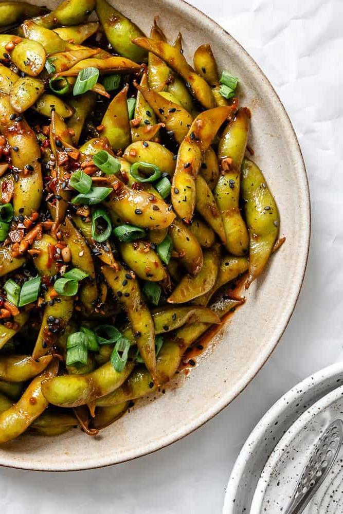 completed Quick Spicy Edamame [Chili and Garlic] on a plate