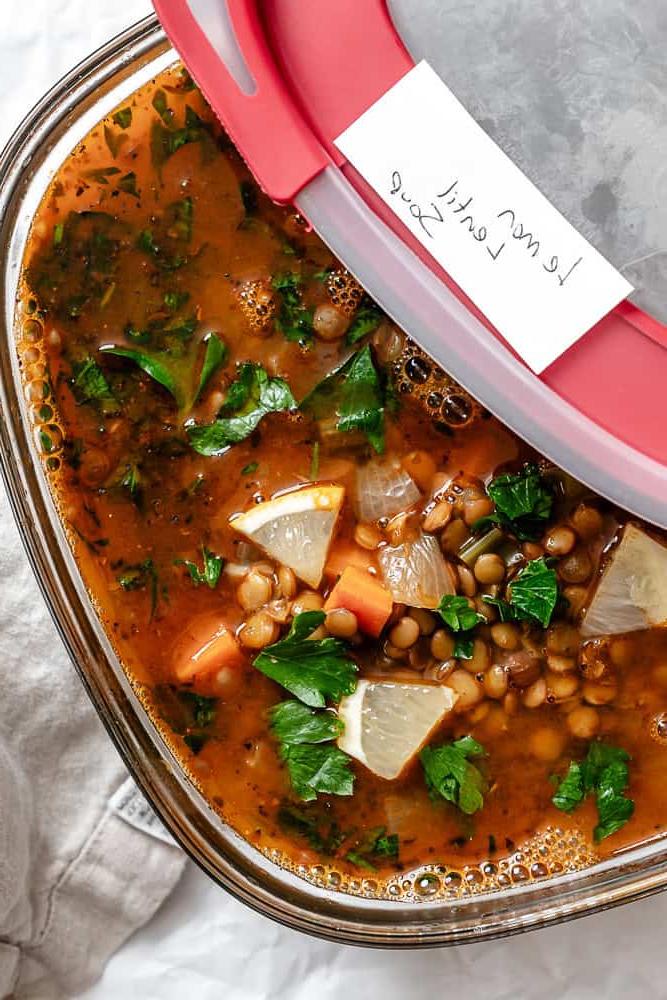 completed Lemon Lentil Soup in storage container