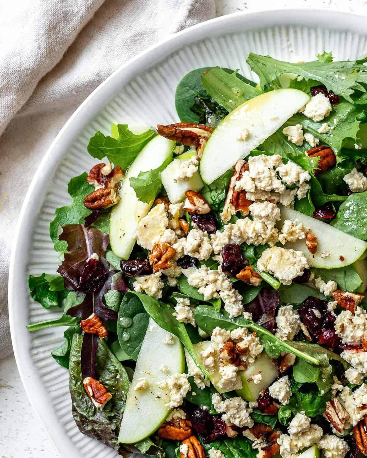 Fertiger einfacher Apfel-Pekannuss-Salat [mit Cranberries] in einer Schüssel