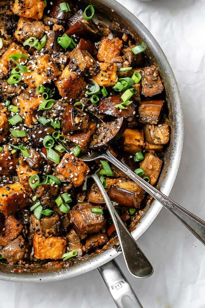completed Sticky Eggplant and Tofu [Bake + Stir-Fry] on a plate