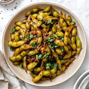 completed Quick Spicy Edamame [Chili and Garlic] on a plate