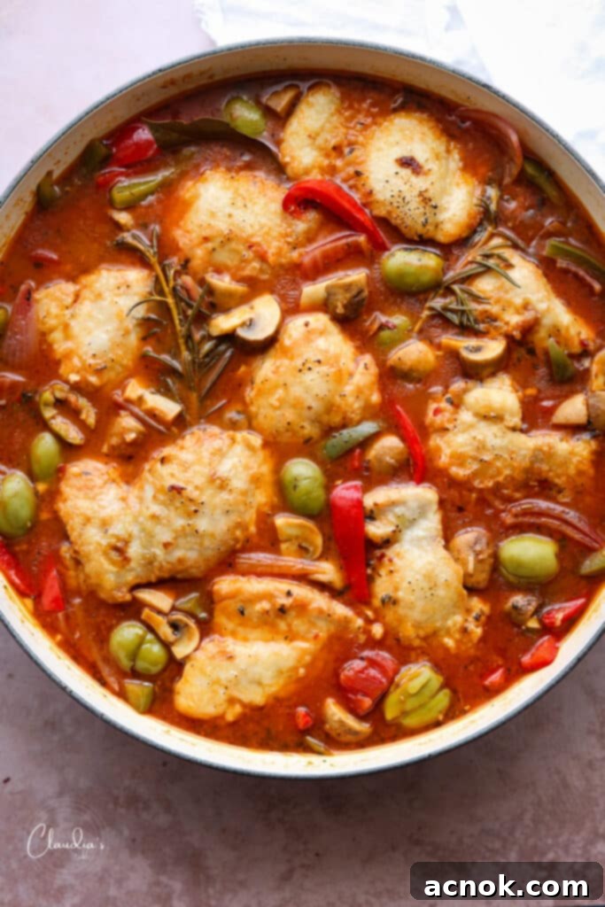 braiser with boneless chicken cacciatore, cooked to perfection with peppers, mushrooms, onion, and olives