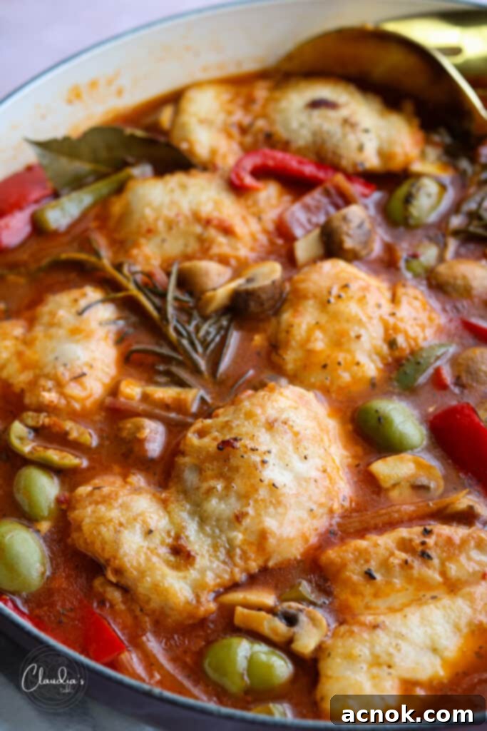 close up of easy chicken cacciatore in a braiser with rich sauce
