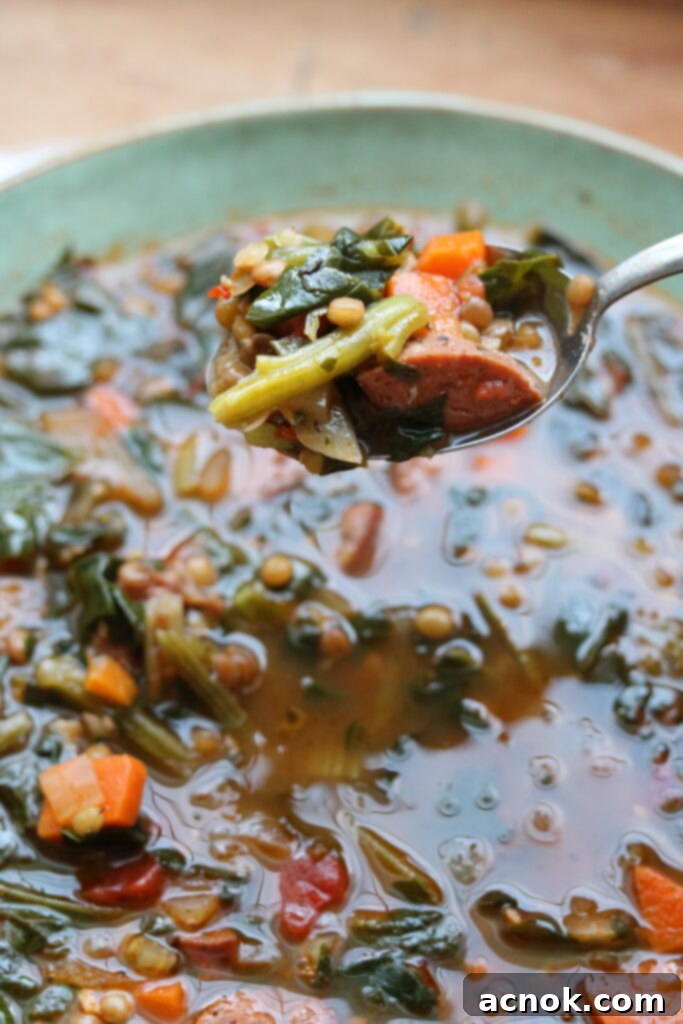 Spoon of Italian Lentil Sausage Soup