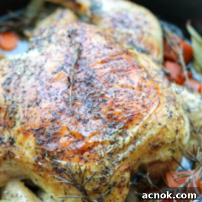 Close-up of a carved herb roast chicken with fresh herbs and roasted vegetables.