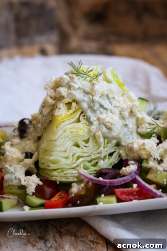 greek wedge salad on white plate with all the toppings