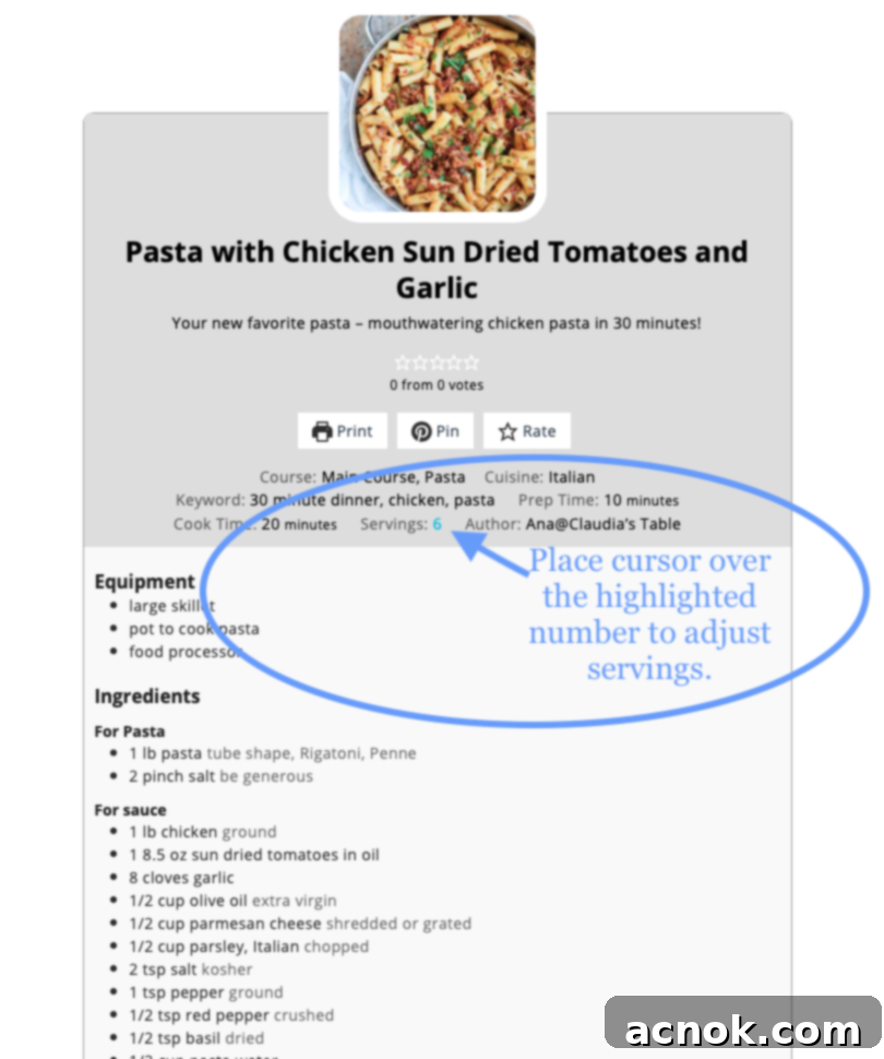 Recipe card showing serving adjustment slider