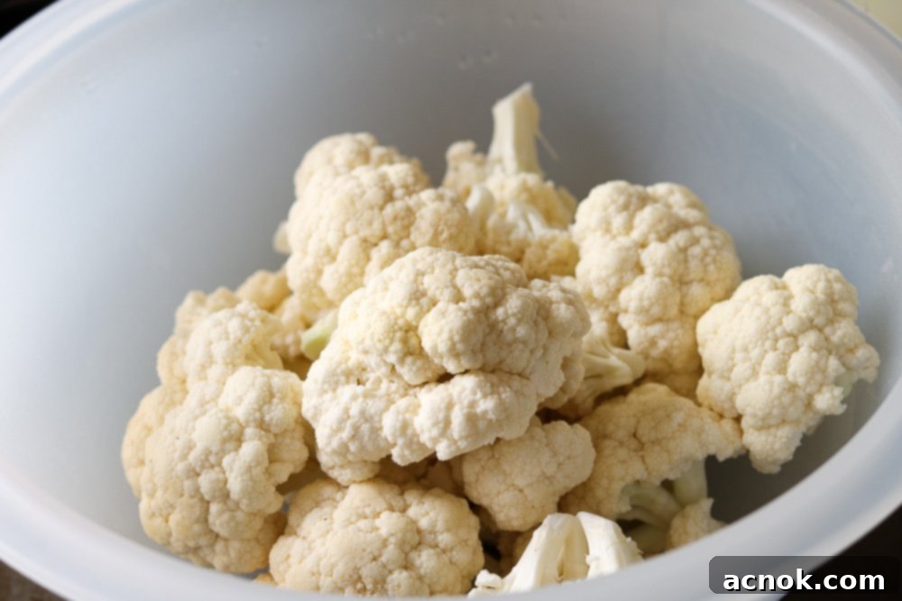 Cauliflower florets cut and placed in a mixing bowl