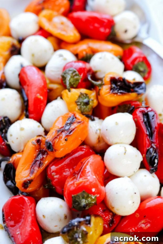 Close-up of vibrant grilled baby peppers and creamy mozzarella, drizzled with herb dressing, ready to be served.