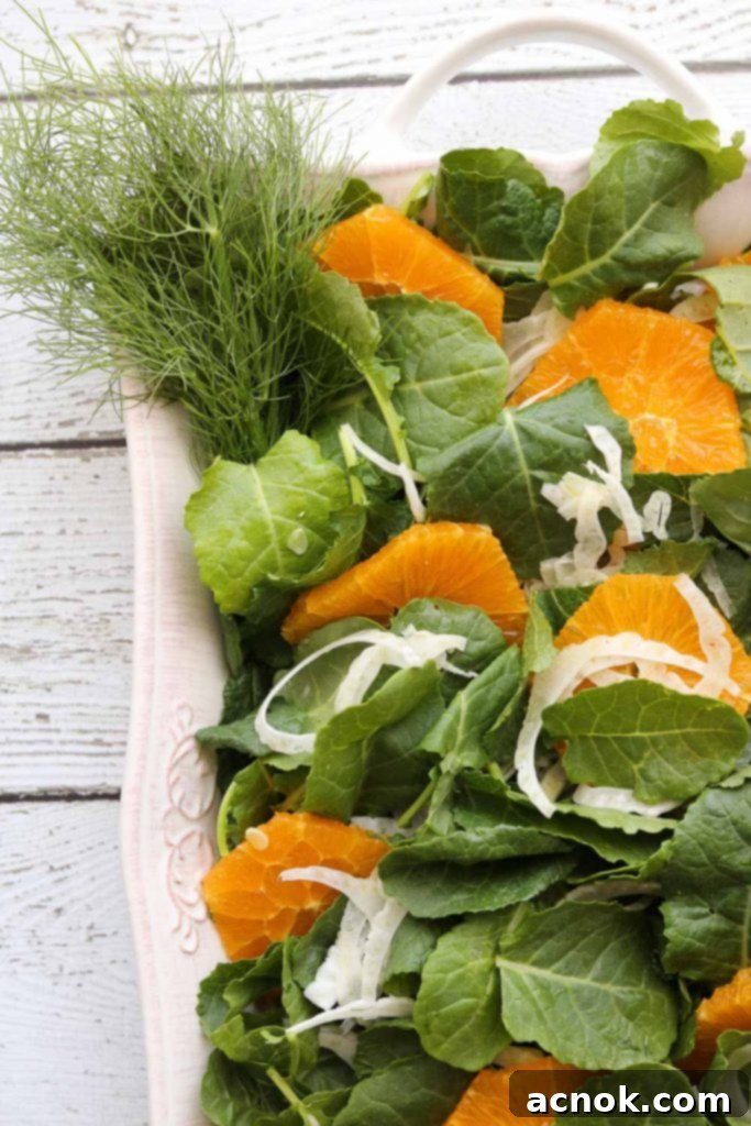 Fresh Orange Fennel Salad without dressing, showcasing vibrant colors of orange, white fennel, and green baby kale on a white plate.