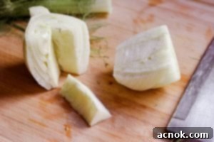 Close up of a fennel bulb with fronds, illustrating where to cut the top portion for salad preparation.