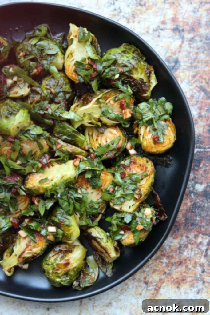 Plated roasted Brussels sprouts with red chimichurri, ready to serve.