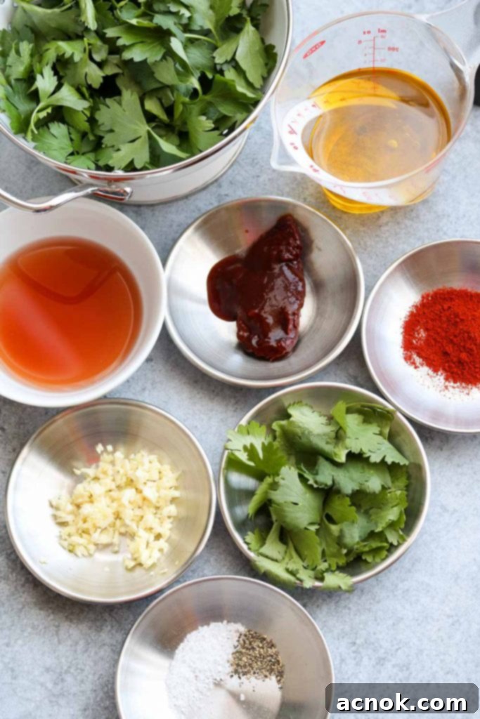 Fresh ingredients laid out for making red chimichurri: parsley, cilantro, garlic, chipotle, olive oil, and vinegar.