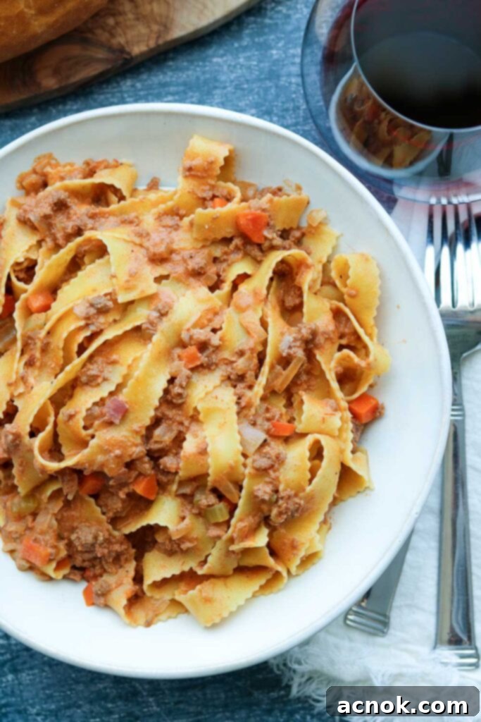Ragu Bolognese Sauce plated with Reginelle Noodles