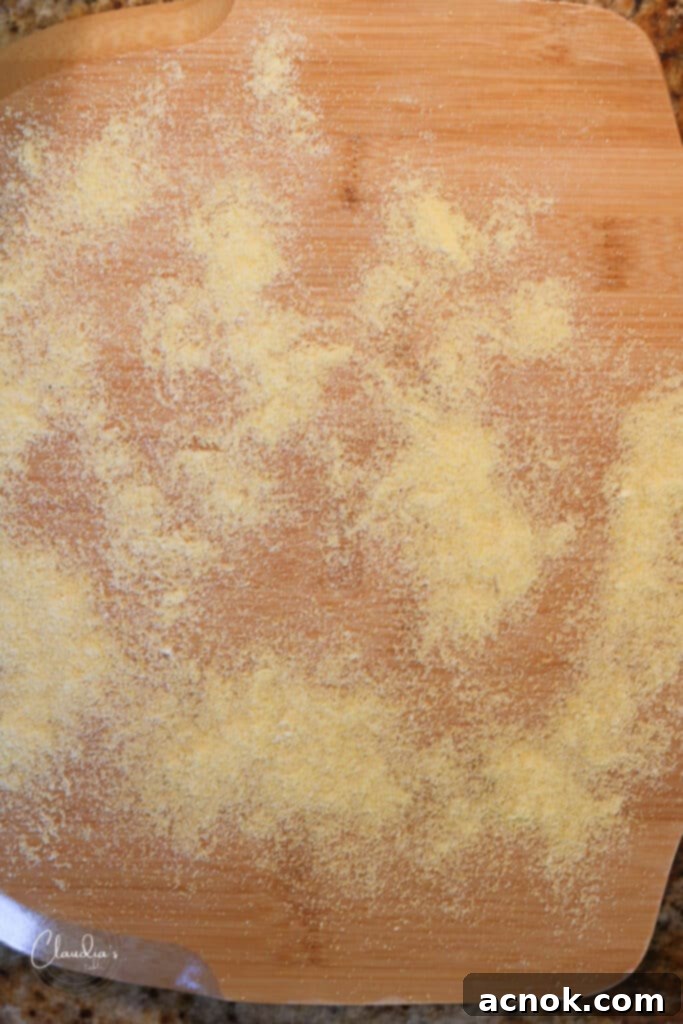 generously adding cornmeal to a pizza peel for non-stick transfer