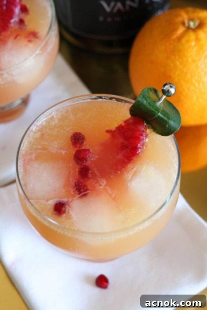 Top view of a Pomegranate Blood Orange Cocktail, garnished with blood orange slices and vibrant pomegranate arils, served in a elegant coupe glass with ice.
