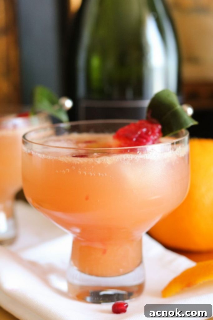 Close-up of a Pomegranate Blood Orange Cocktail in a coupe glass, artfully garnished with a fresh blood orange slice and vibrant pomegranate arils.