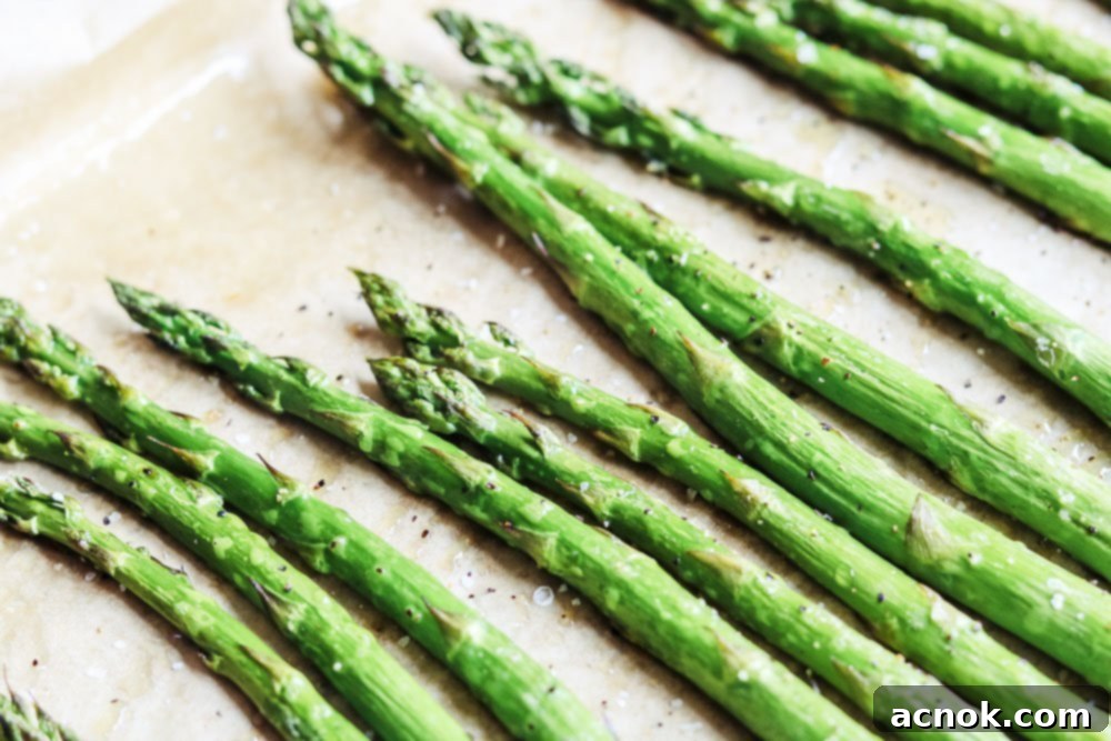 perfectly roasted asparagus spears, golden brown and tender