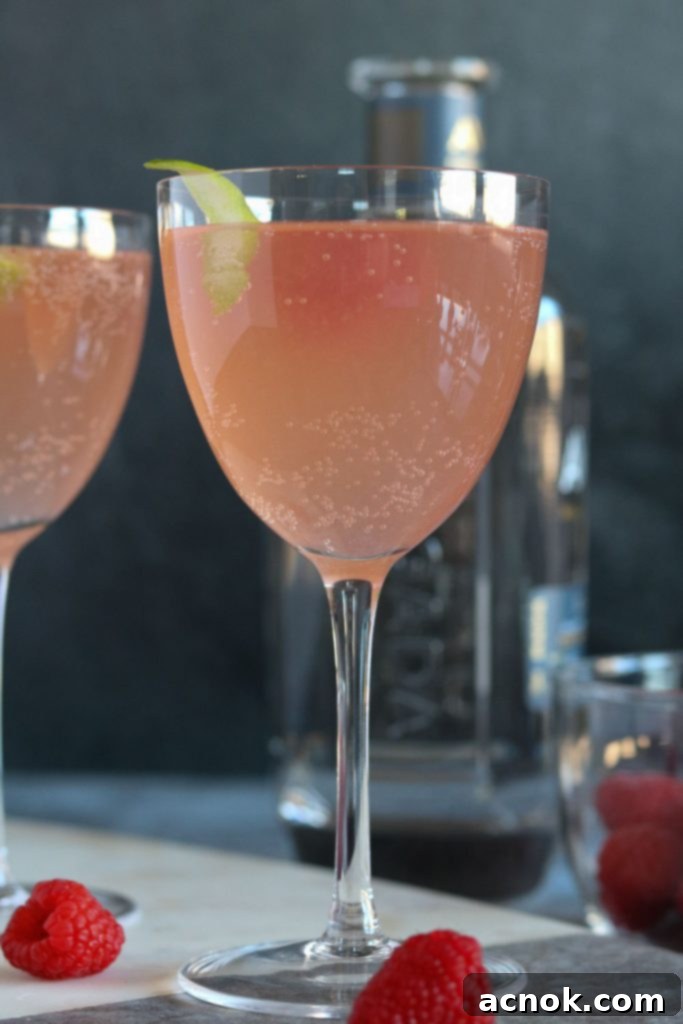 Raspberry Tequila Fizz 5 A freshly made Sparkling Raspberry Tequila Cocktail in a coupe glass, topped with sparkling rosé and garnished with a raspberry and a lime twist.