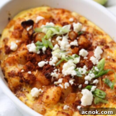 chorizo eggs and potato in casserole dish baked
