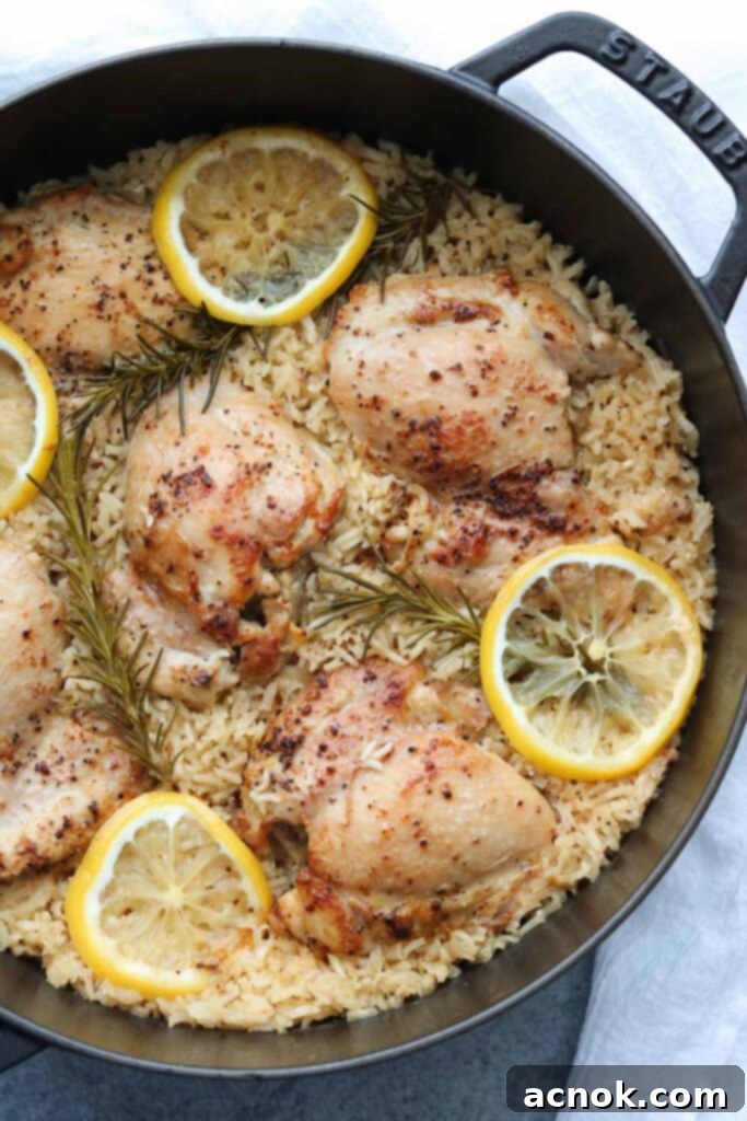 One pan lemon rosemary chicken and rice, golden chicken thighs and fragrant rice in a cast iron skillet, garnished with fresh rosemary and lemon slices.