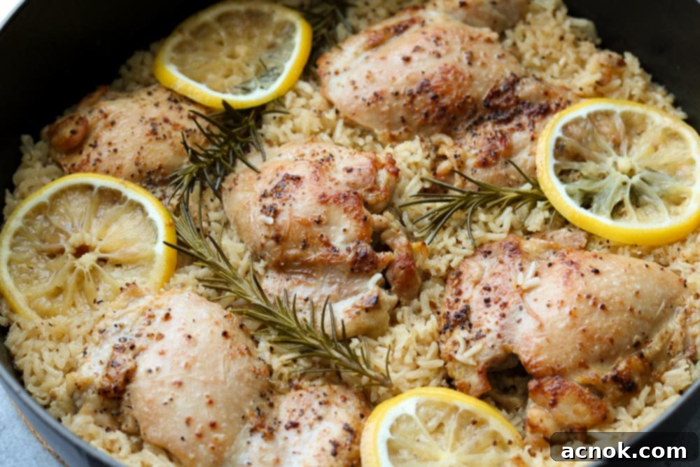 Cooked one pan lemon rosemary chicken and rice, served hot in a pan, garnished with herbs.